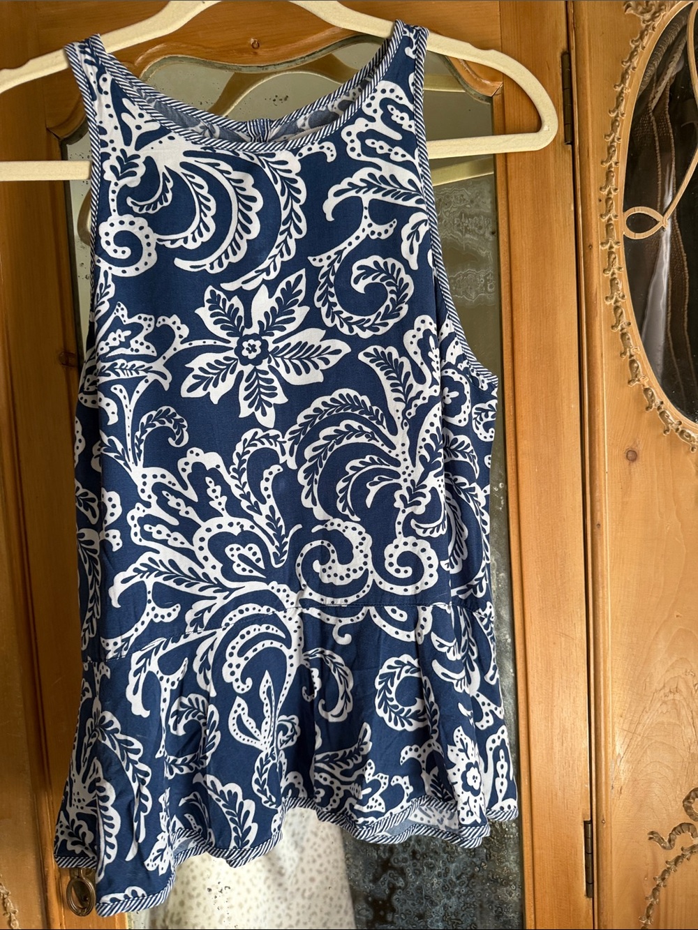 Women's Navy & White Printed Peplum Tank Top